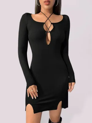 Crisscross Strap Knitted Mini Dress with Keyhole Neckline