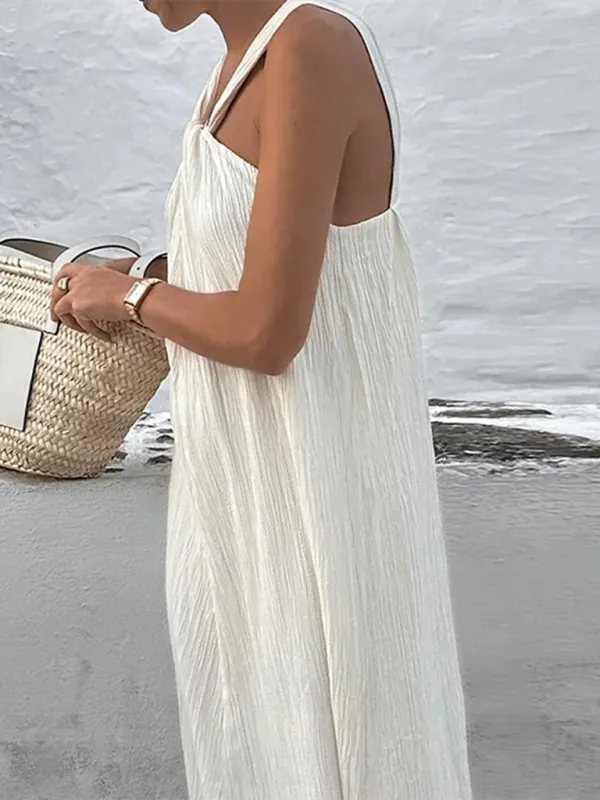 Cross-Chest Halter Maxi Dress with Solid Print