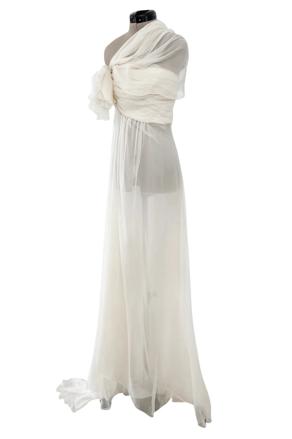 Cruise 2010 Christian Dior by John Galliano White Silk Chiffon Draped Dress w Train