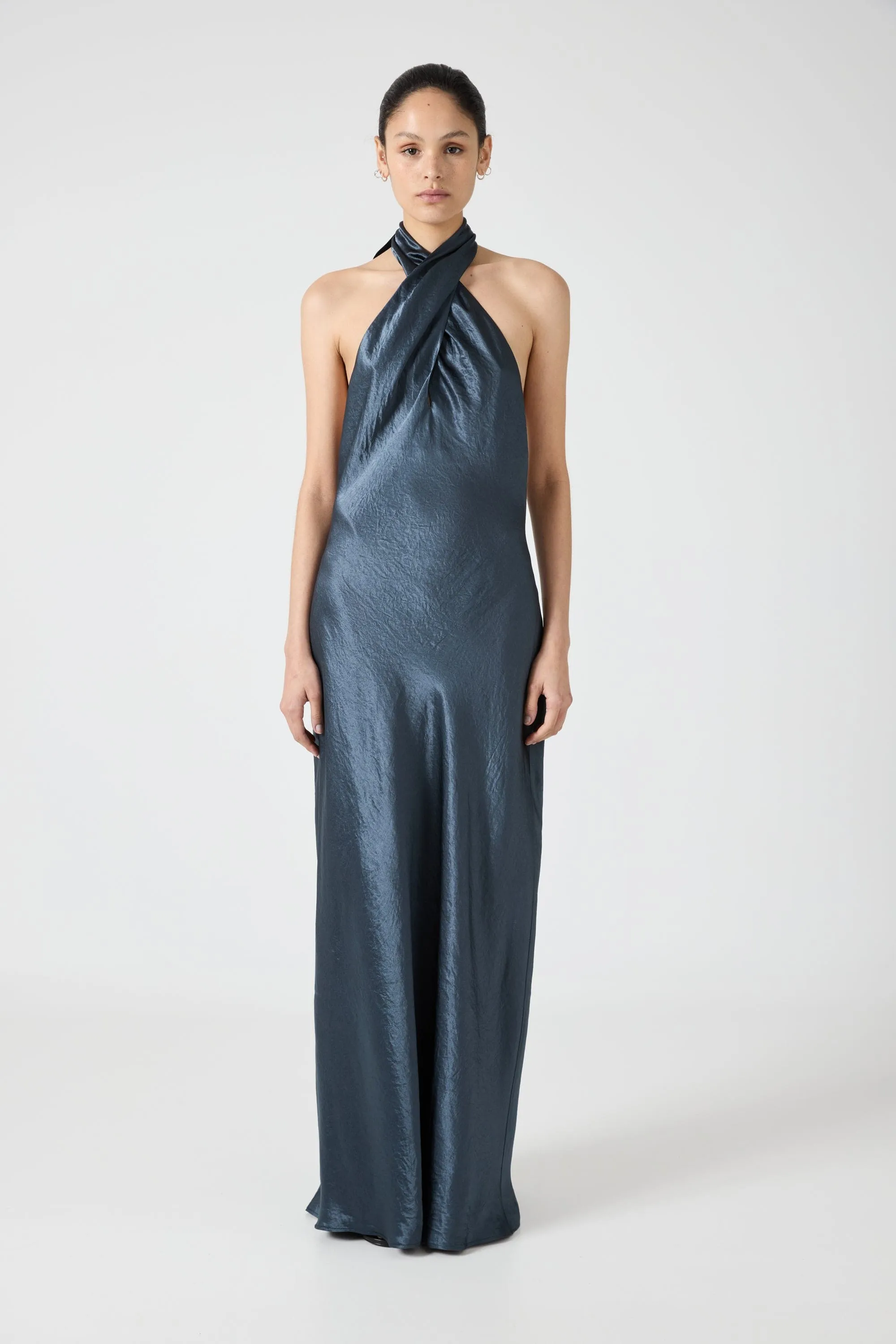 CRUSH WRAP NECK FLOOR LENGTH | GUNMETAL