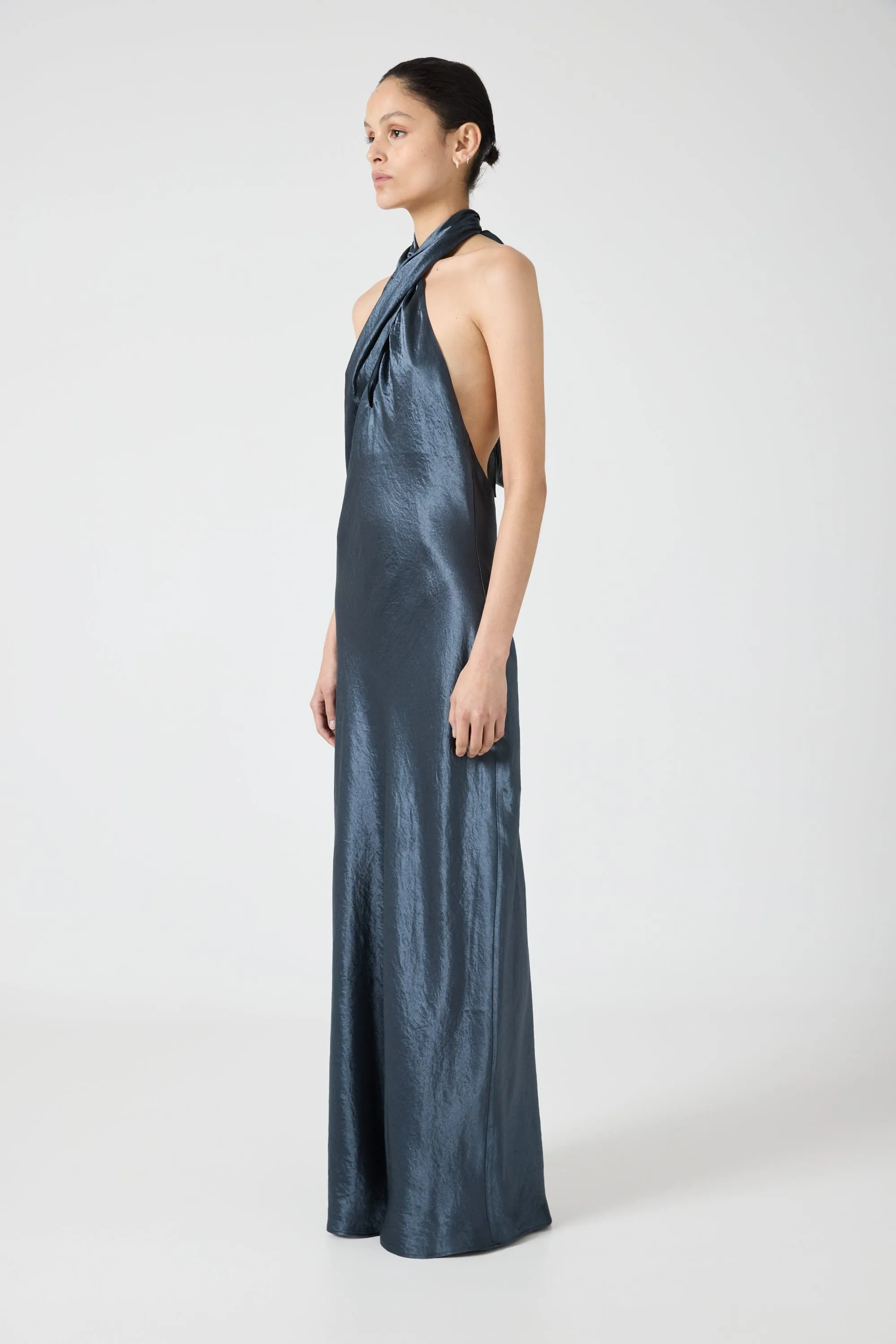 CRUSH WRAP NECK FLOOR LENGTH | GUNMETAL