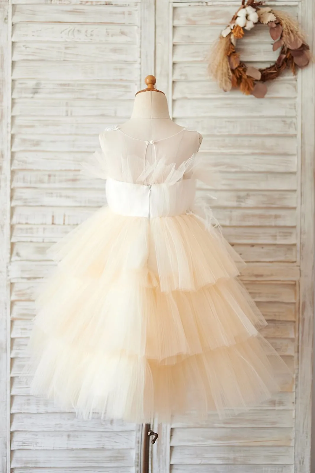Cupcake Champagne Tulle Beaded Lace Wedding Flower Girl Dress