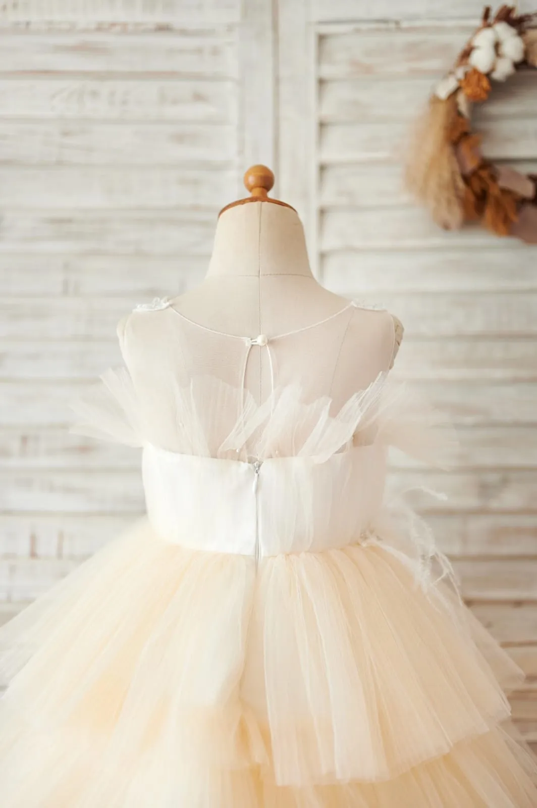 Cupcake Champagne Tulle Beaded Lace Wedding Flower Girl Dress