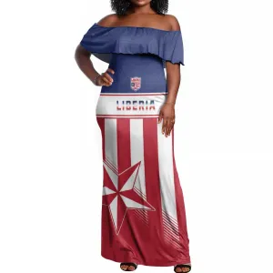 Custom Liberia Football Off Shoulder Maxi Dress Sporty Style LT15