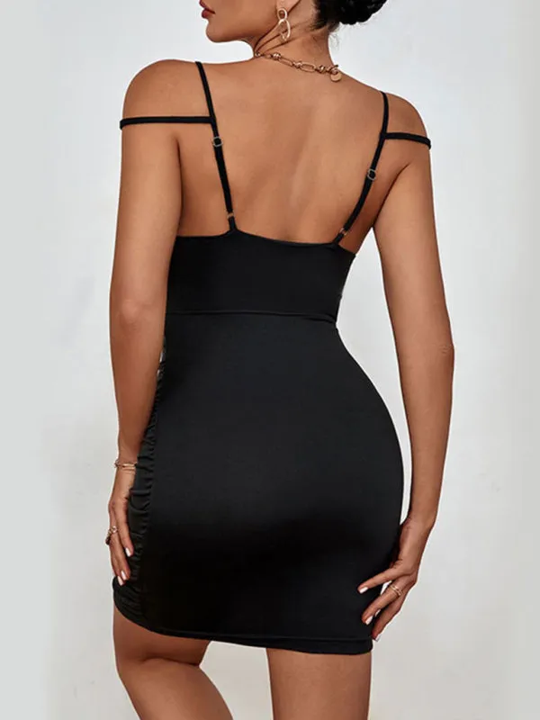 Cut-Out Mini Dress with Pleated Hip and Strappy Design