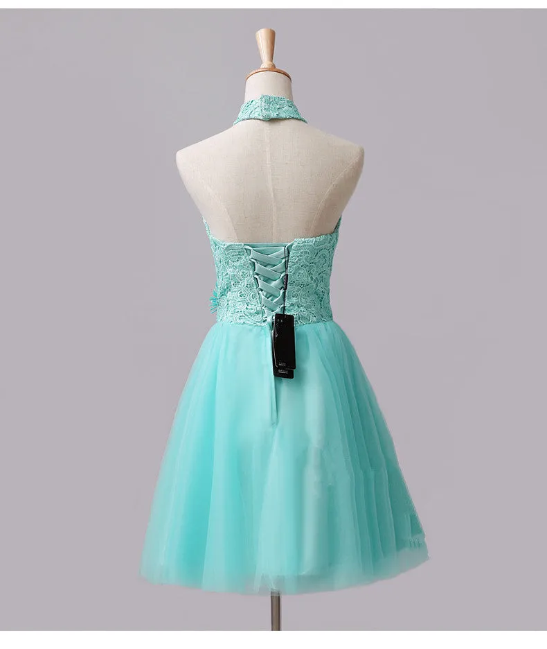 Cute Mint Halter Lace Flowers Homecoming Dresses, Short Prom Dress Graduation Dress