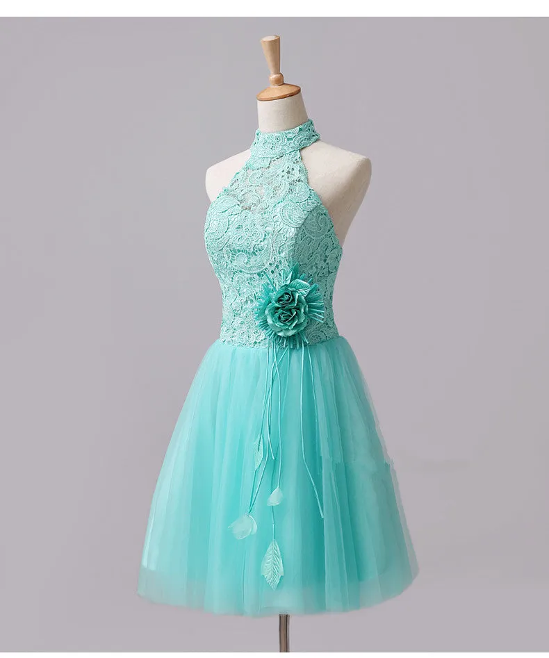 Cute Mint Halter Lace Flowers Homecoming Dresses, Short Prom Dress Graduation Dress