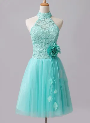 Cute Mint Halter Lace Flowers Homecoming Dresses, Short Prom Dress Graduation Dress