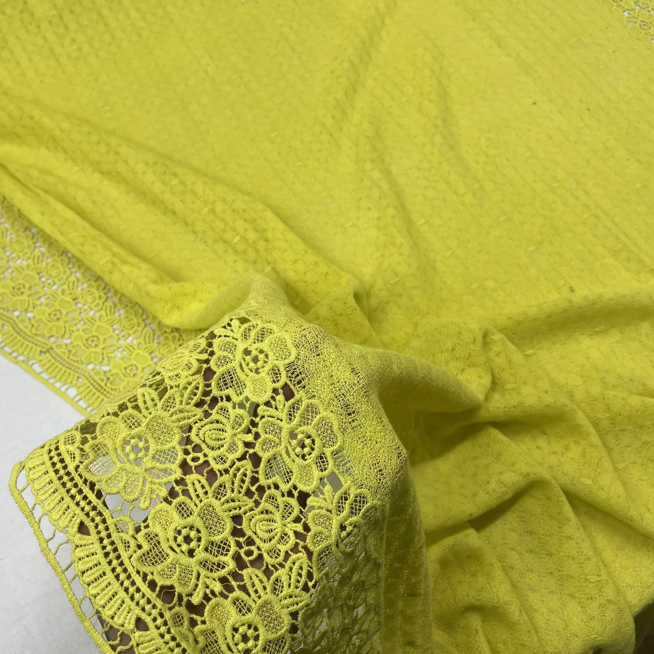 Daisy Floral Embroidery French Venice Lace Fabric, Lime Green