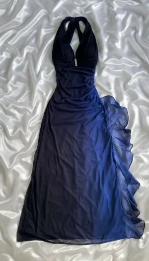 Dark Blue Halter Sheath Chiffon Long Party Dress Vintage Evening Dress, D697