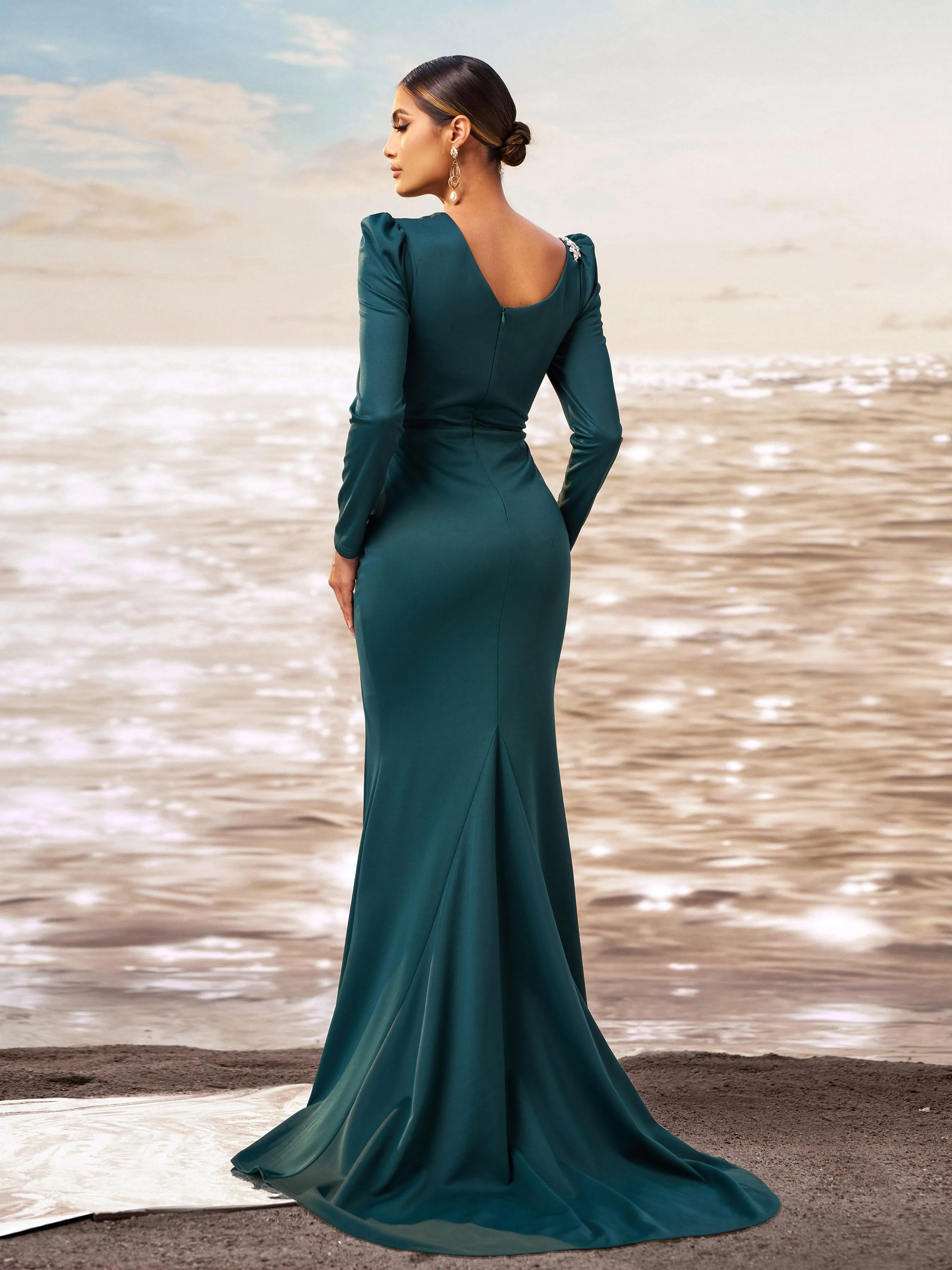 Dark Green Long Sleeve Mermaid Split Dress GM00676