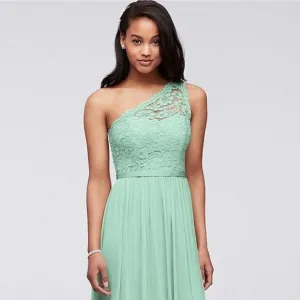 David's Bridal A-LINE chiffon one shoulder bridesmaid dress mint green Size 18