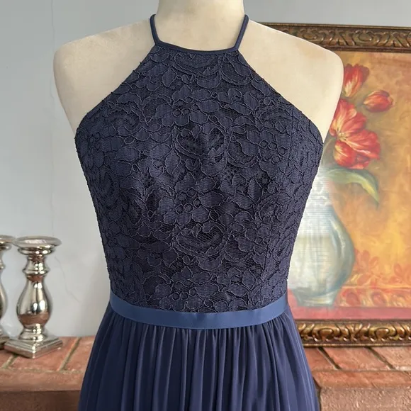 David’s Bridal Halter Lace Navy Blue Juniors Elegant Dress Size 0