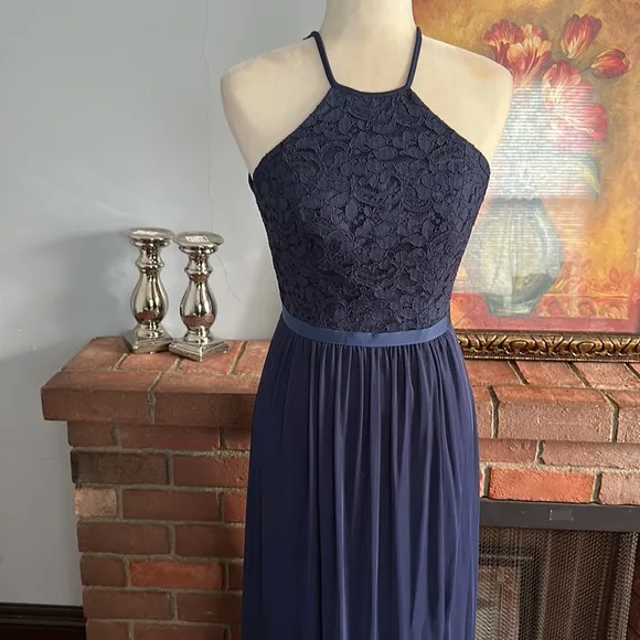 David’s Bridal Halter Lace Navy Blue Juniors Elegant Dress Size 0