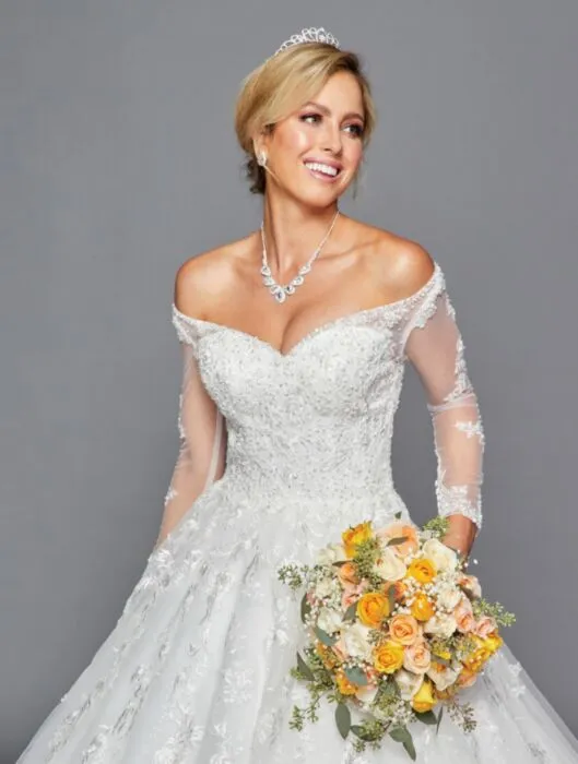 DeKlaire Bridal 437 Long Sleeve A-Line Wedding Gown Off Shoulder Beaded Lace