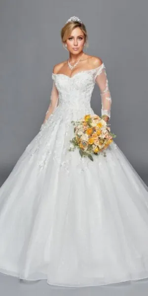 DeKlaire Bridal 437 Long Sleeve A-Line Wedding Gown Off Shoulder Beaded Lace
