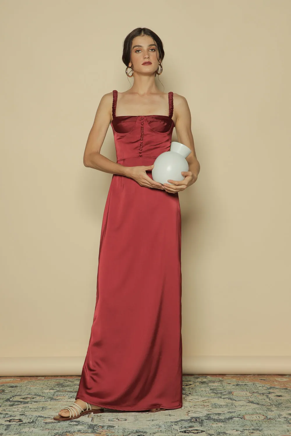 DELPHINE Gathered Strap Maxi Dress with Covered Button Detail (Maroon Silk)