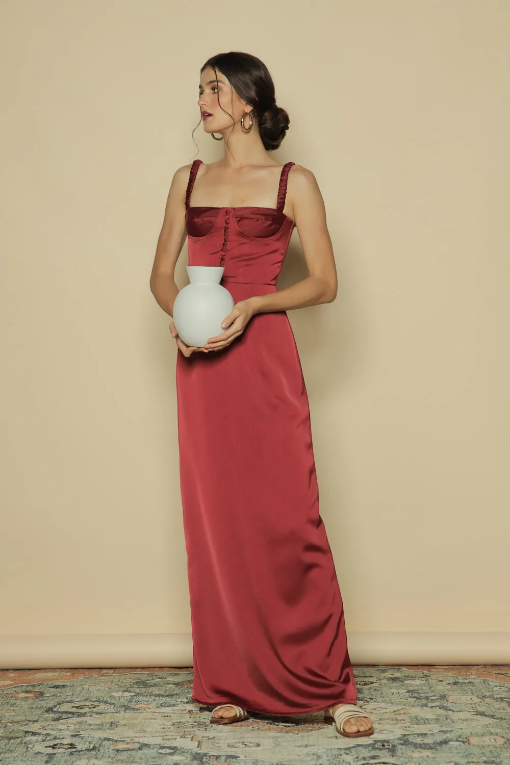 DELPHINE Gathered Strap Maxi Dress with Covered Button Detail (Maroon Silk)