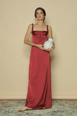 DELPHINE Gathered Strap Maxi Dress with Covered Button Detail (Maroon Silk)