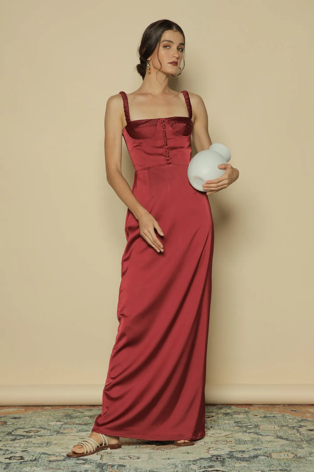 DELPHINE Gathered Strap Maxi Dress with Covered Button Detail (Maroon Silk)