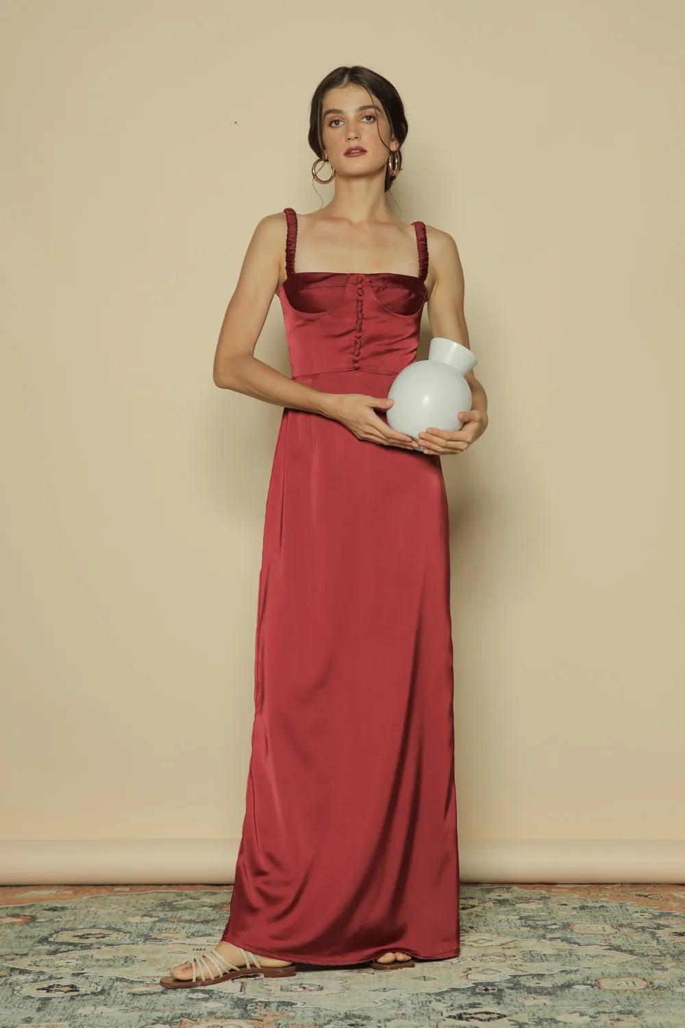 DELPHINE Gathered Strap Maxi Dress with Covered Button Detail (Maroon Silk)