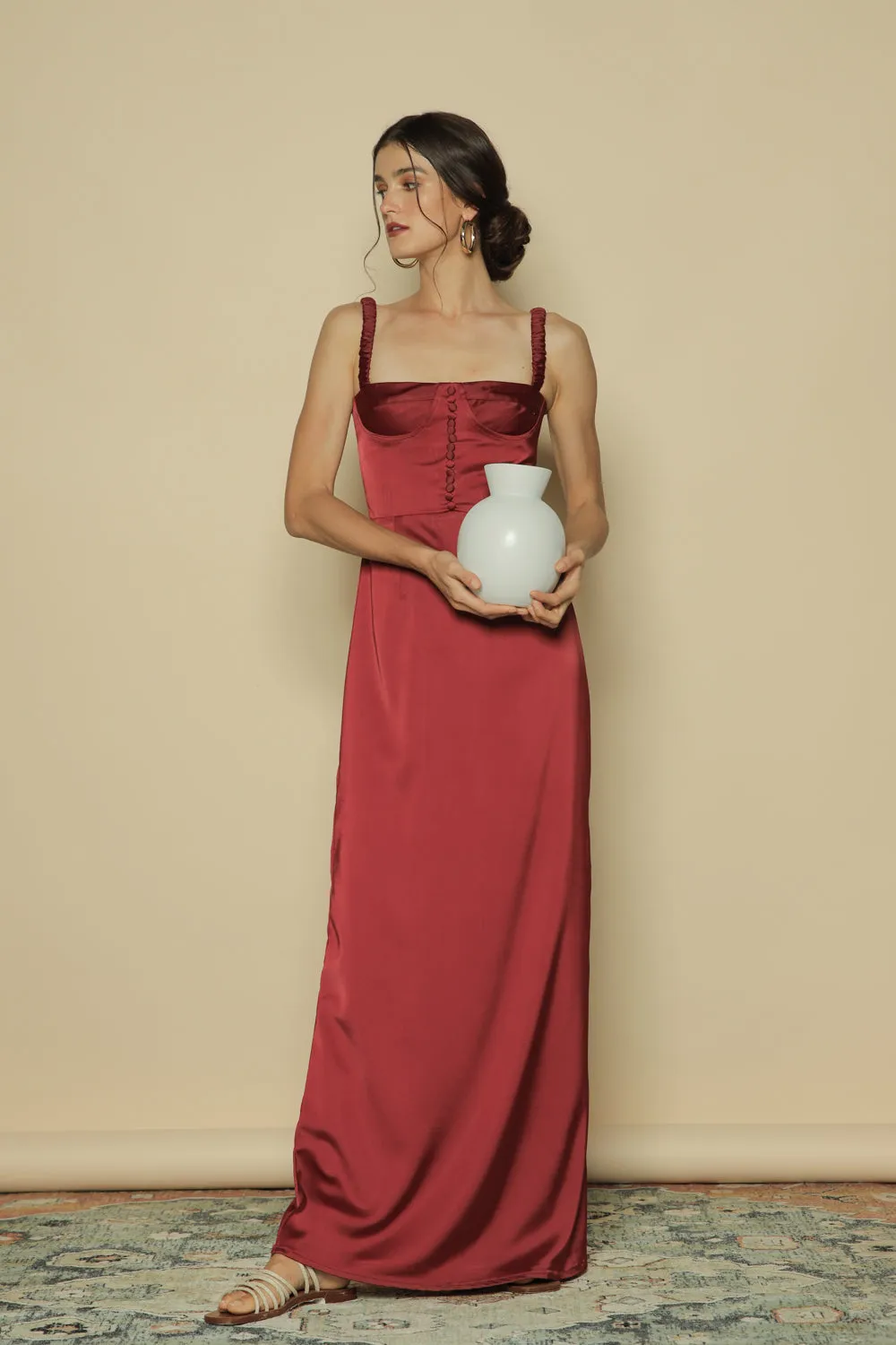 DELPHINE Gathered Strap Maxi Dress with Covered Button Detail (Maroon Silk)