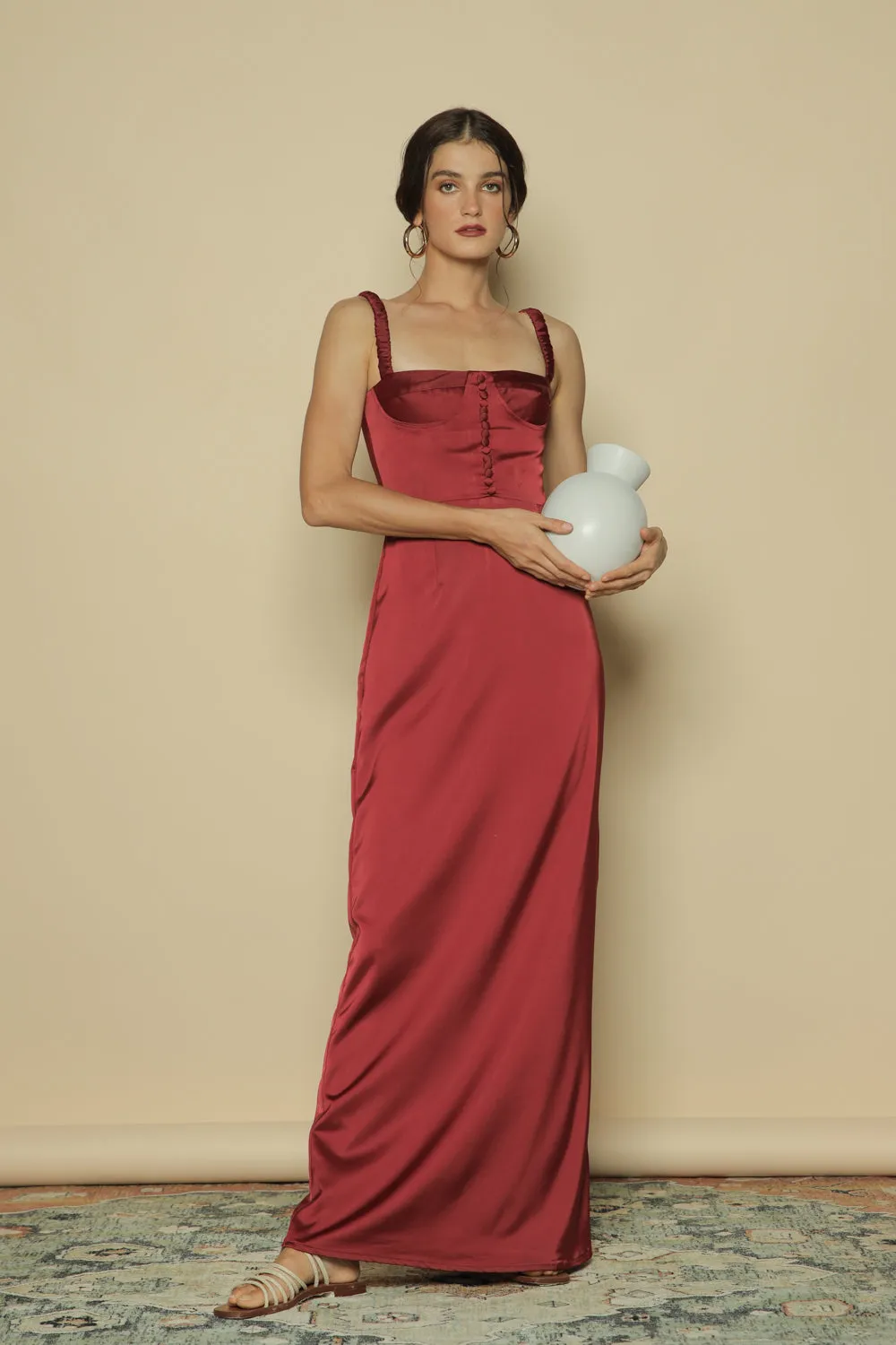 DELPHINE Gathered Strap Maxi Dress with Covered Button Detail (Maroon Silk)