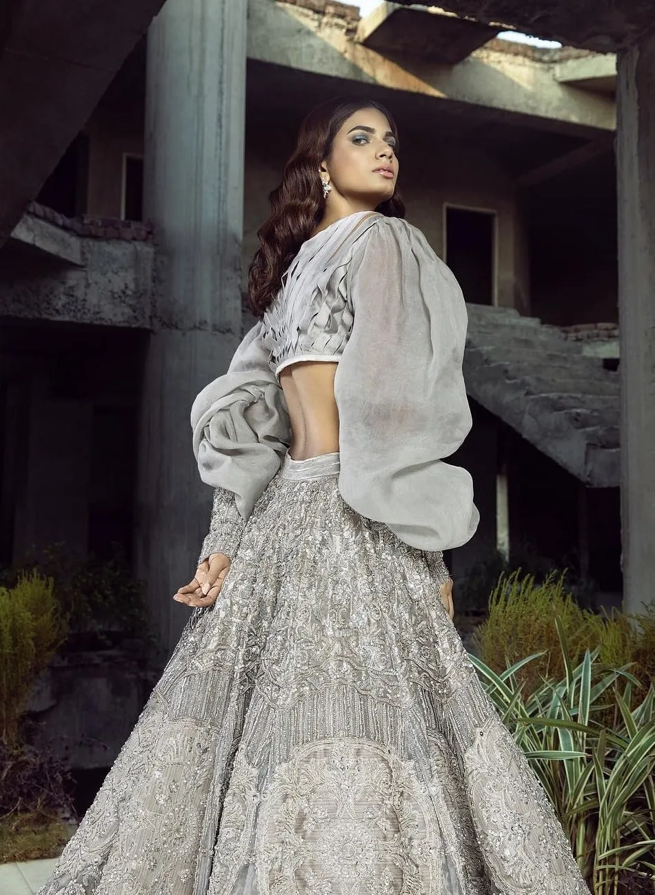 Designer Embellished Grey Silver Choli Lehenga Attire