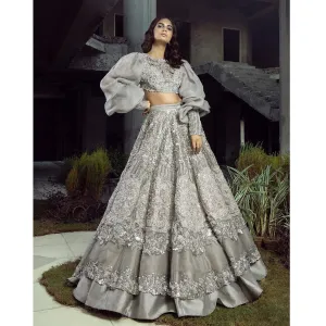 Designer Embellished Grey Silver Choli Lehenga Attire