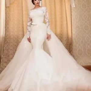 detachable train wedding dresses for bride lace appliqué long sleeve elegant cheap bridal dresses vestido de novia