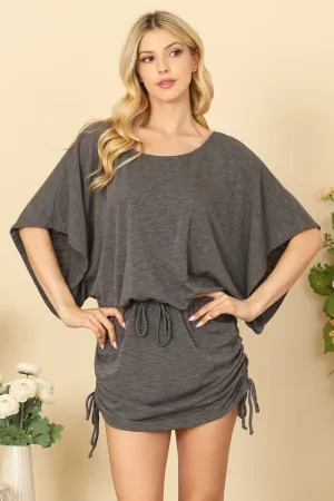 DOLMAN SLEEVE WAIST TIE RUCHED SIDE MINI DRESS