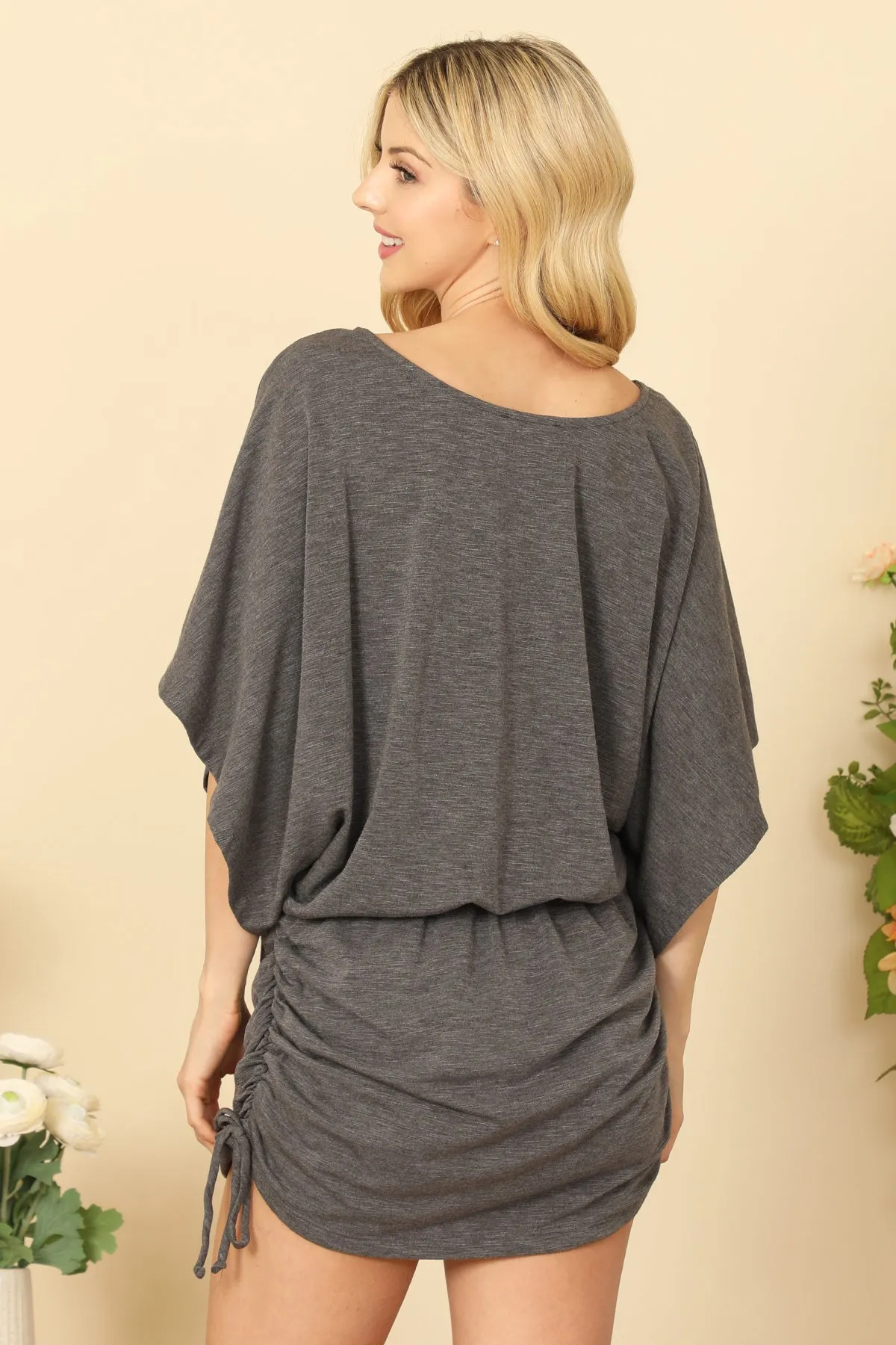 DOLMAN SLEEVE WAIST TIE RUCHED SIDE MINI DRESS