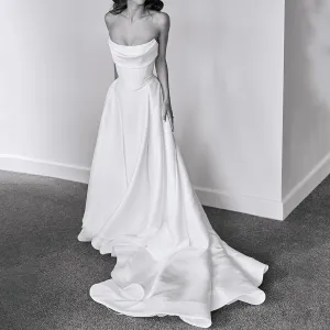 Drape Strapless Satin Elegant Wedding Dress Pleated Skirt Puffy Thick Fabric Heavy Zipper Buttons Back Customized Bridal Gowns