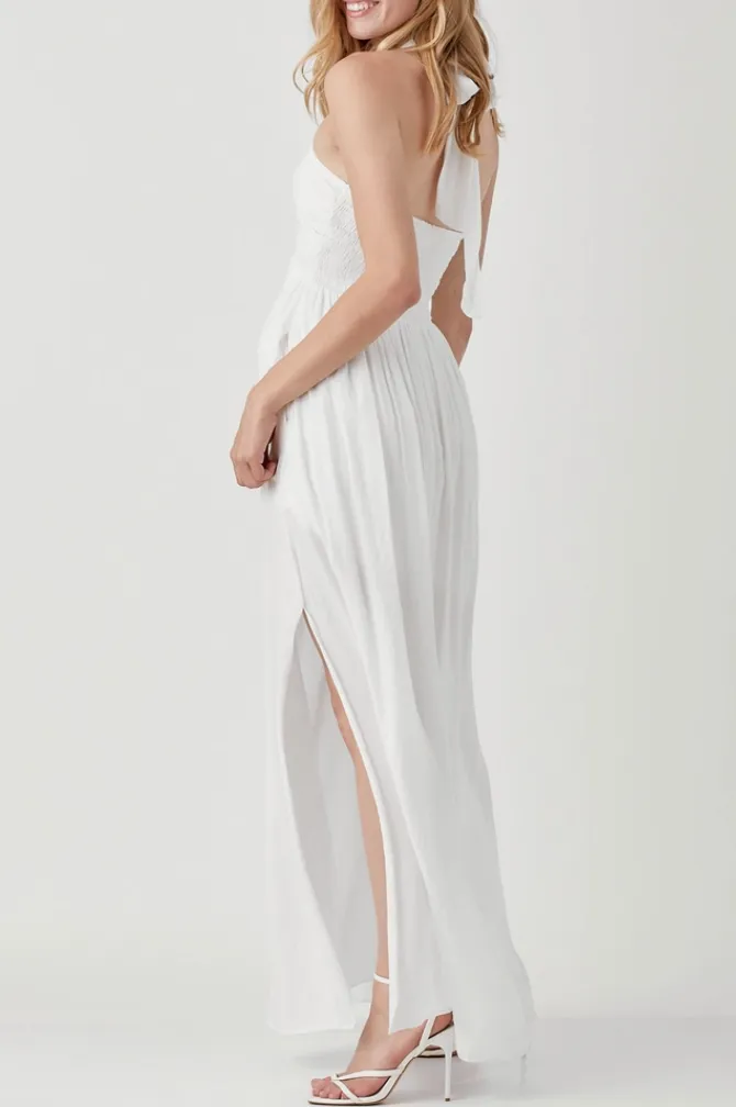 Drawstring Halter Neck Shirred Maxi Dress