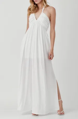 Drawstring Halter Neck Shirred Maxi Dress