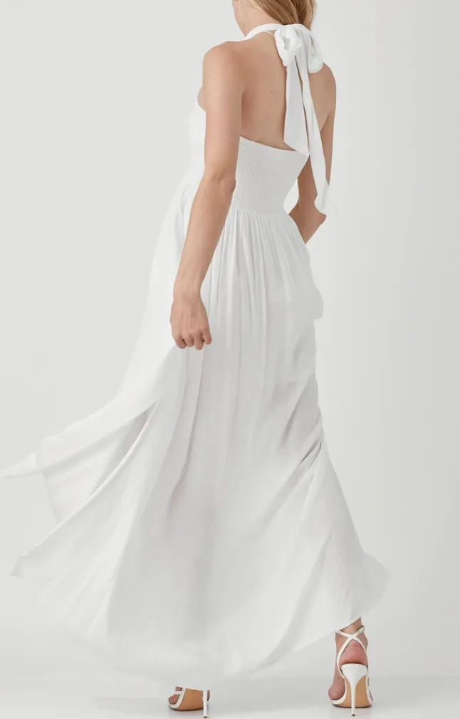 Drawstring Halter Neck Shirred Maxi Dress