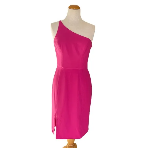 Dress The Population Asymmetrical Neckline Sheath Midi Dress in Fuschia