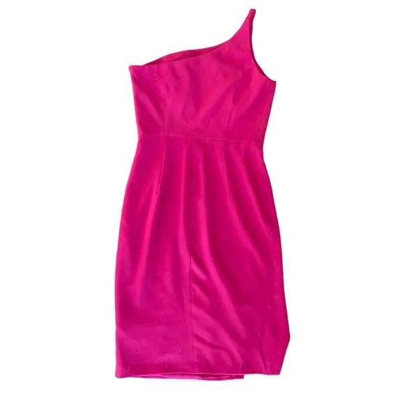Dress The Population Asymmetrical Neckline Sheath Midi Dress in Fuschia
