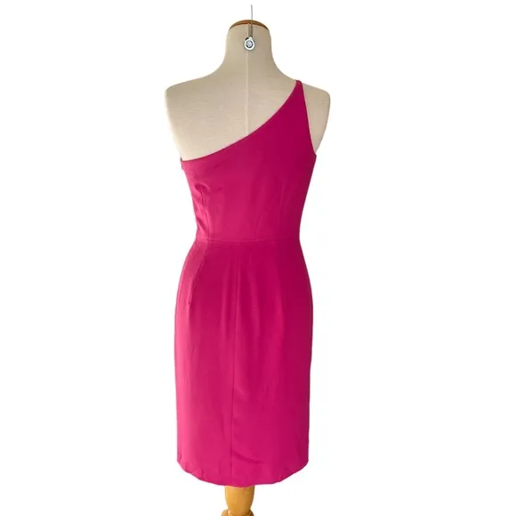 Dress The Population Asymmetrical Neckline Sheath Midi Dress in Fuschia