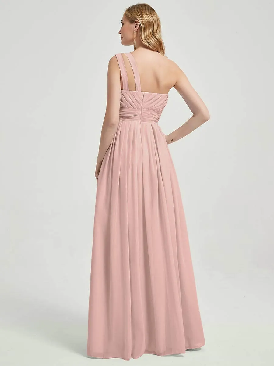 Dusty Pink Pleated One Shoulder Floor Length Chiffon Bridesmaid Dress