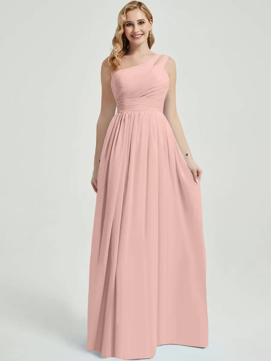 Dusty Pink Pleated One Shoulder Floor Length Chiffon Bridesmaid Dress
