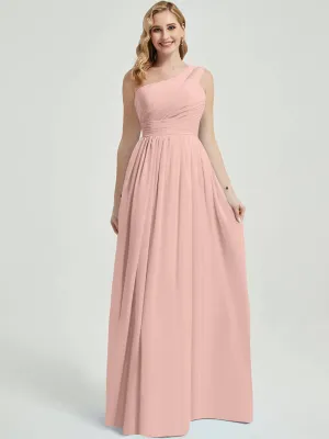 Dusty Pink Pleated One Shoulder Floor Length Chiffon Bridesmaid Dress