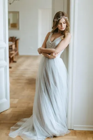 Dusty Tulle Boho Wedding Dress with Beaded Scalloped Lace V neckline