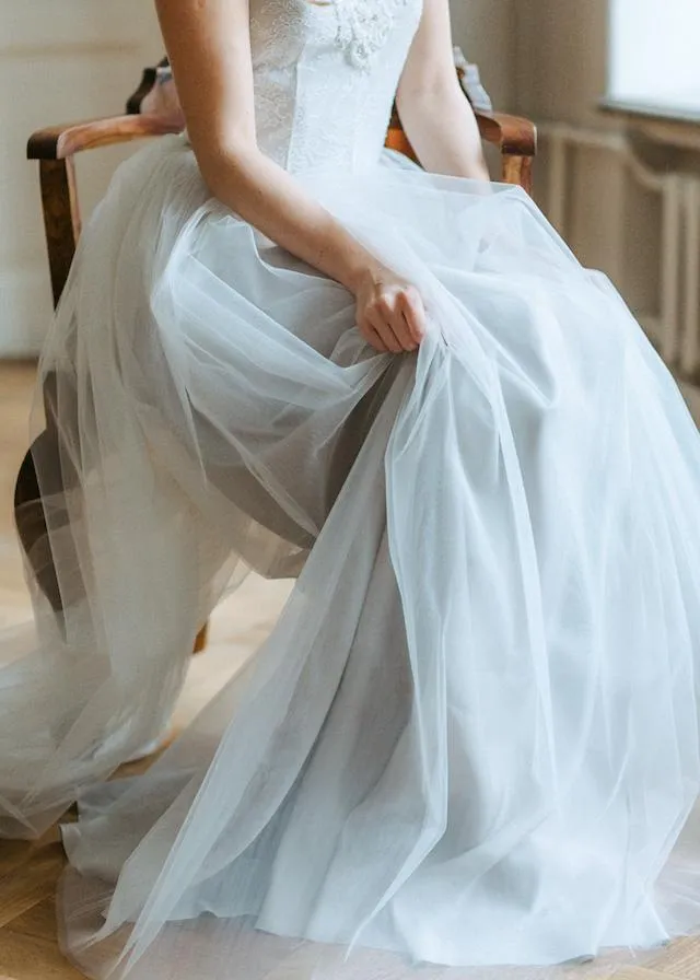 Dusty Tulle Boho Wedding Dress with Beaded Scalloped Lace V neckline