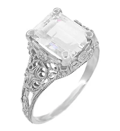 Edwardian Filigree 5.6 Carat Emerald Cut Cubic Zirconia ( CZ ) Ring in Sterling Silver
