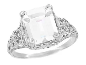 Edwardian Filigree 5.6 Carat Emerald Cut Cubic Zirconia ( CZ ) Ring in Sterling Silver