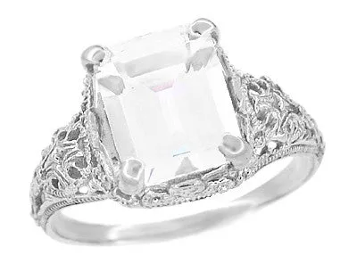Edwardian Filigree 5.6 Carat Emerald Cut Cubic Zirconia ( CZ ) Ring in Sterling Silver