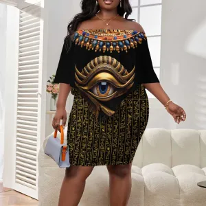 Egypt Eyes Of Horus Off Shoulder Short Dress with Egyptian Hieroglyphs LT9