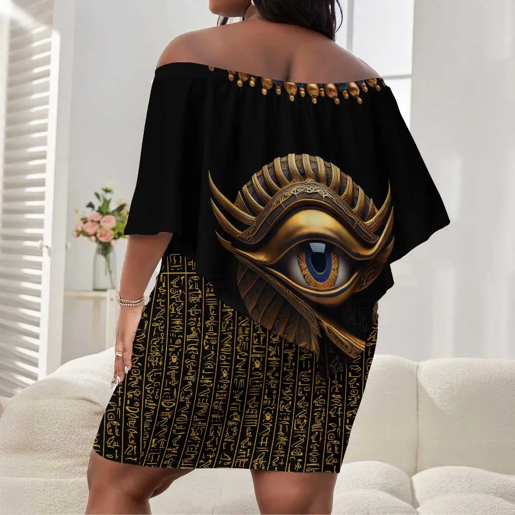 Egypt Eyes Of Horus Off Shoulder Short Dress with Egyptian Hieroglyphs LT9