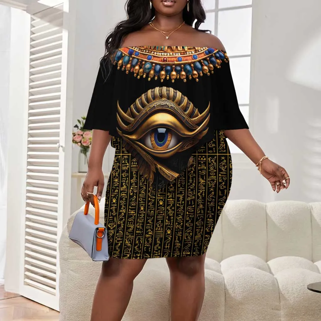 Egypt Eyes Of Horus Off Shoulder Short Dress with Egyptian Hieroglyphs LT9